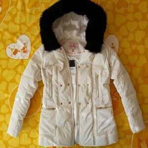 NWT Juicy Couture Shiny White Down Coat Puffer Jacket fur XS Gold Metallic Cream